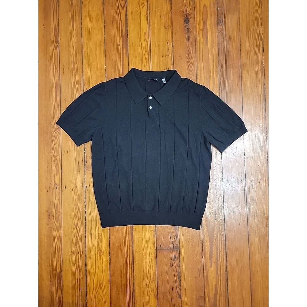 Elie Tahari Mens XL Collar Polo Black Short Sleeve Textured Striped Casual